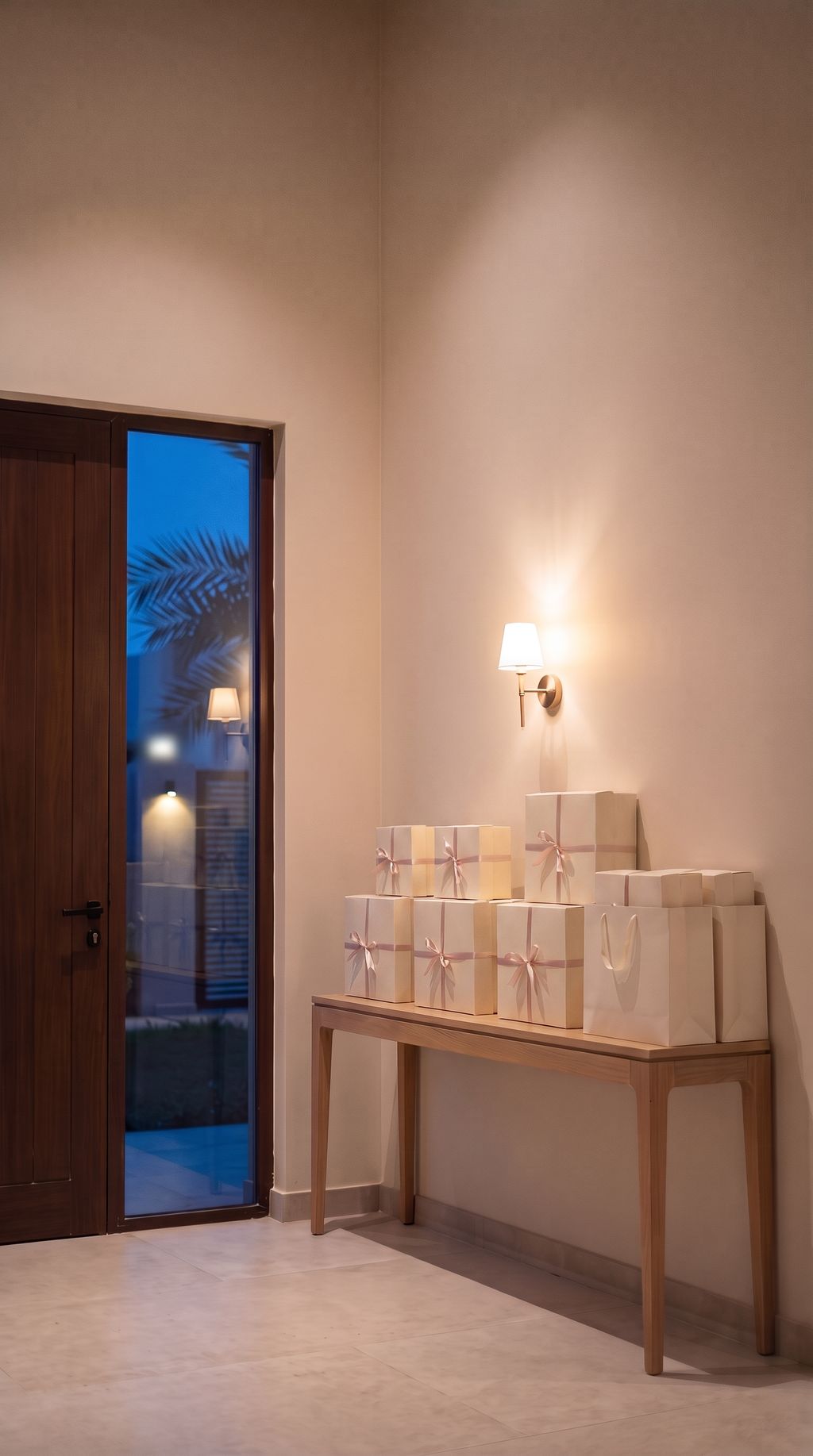 Boxes of home bakes tied with ribbon, waiting on a table by the front door in the evening.